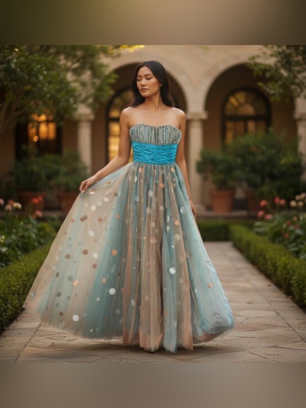 Sherri Hill Teal and Gold Polka Dot Strapless Satin Tulle Gown- 4